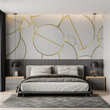 Gold linear circle wallpaper in home office showing pattern detail
