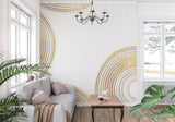 Home office with modern geometric circle wallpaper in white and gold tones