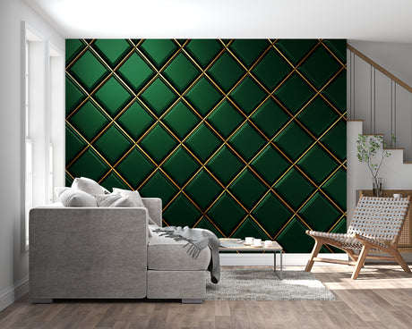 Geometric green and gold diamond wallpaper in modern living room with grey sofa and brass accents