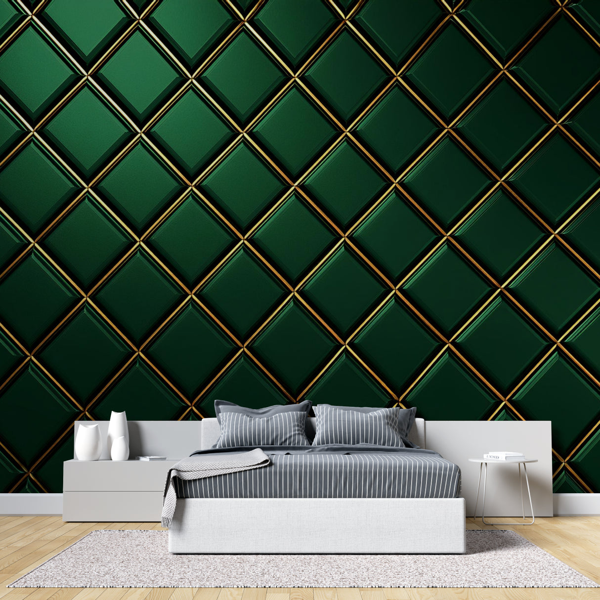 Art deco geometric wallpaper creating stunning feature wall in master bedroom