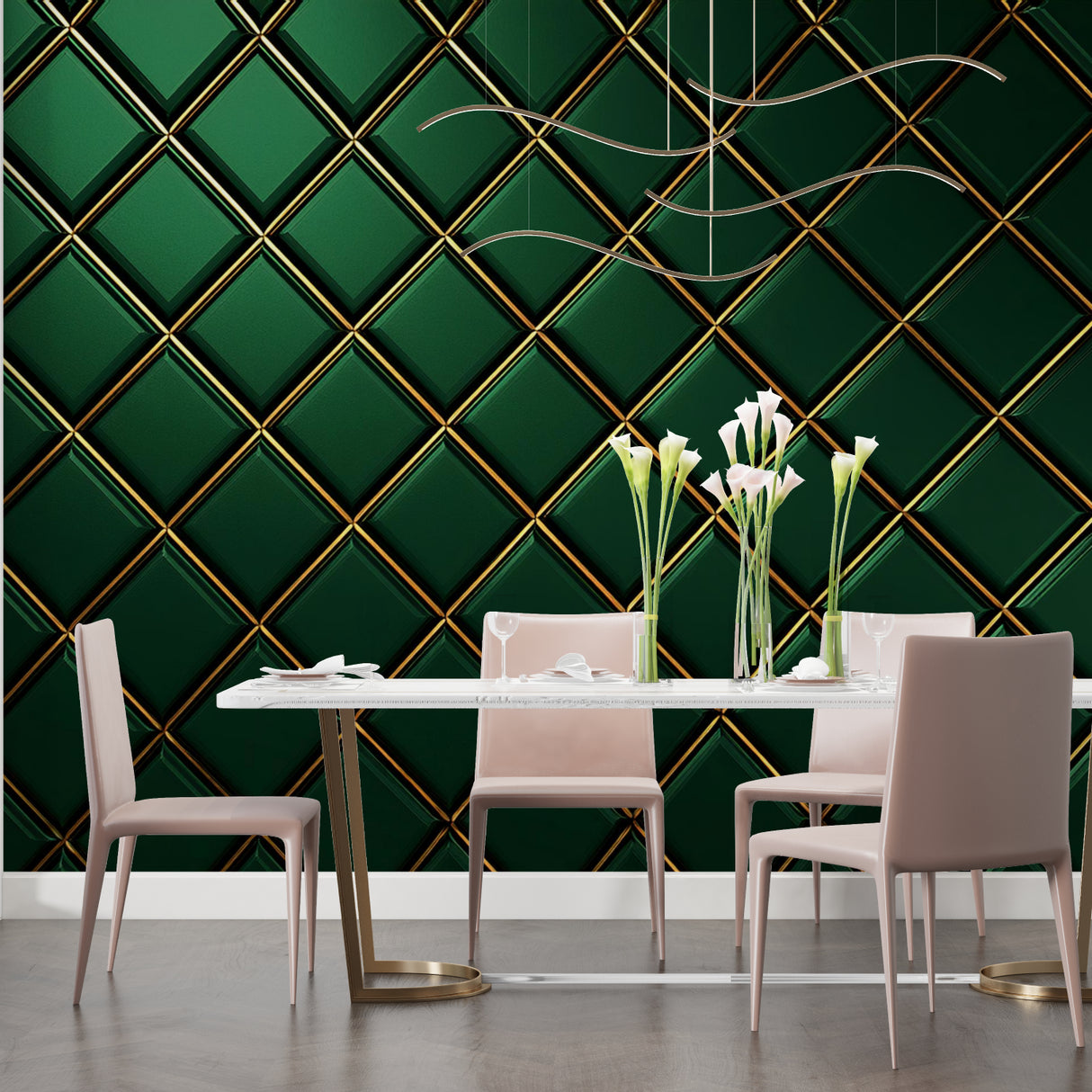 Green and gold geometric wall mural in dining room with modern chandelier
