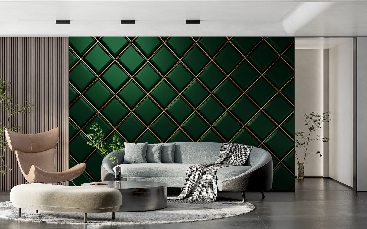 Diamond pattern wallpaper in home office showing depth effect