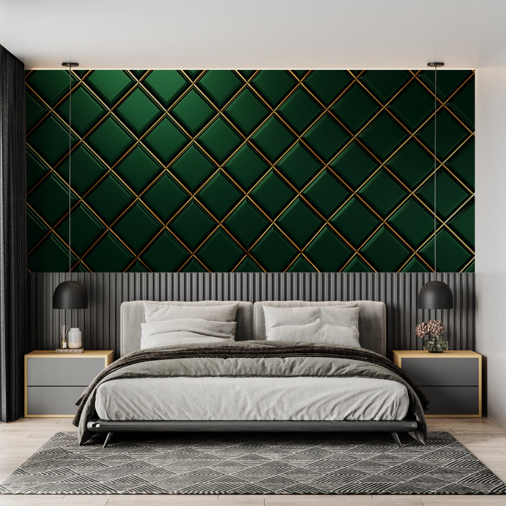 Emerald geometric wallpaper in hotel lobby showcasing gold accents