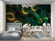 Modern geometric wallpaper with green and gold hexagons in a minimalist living room setting
