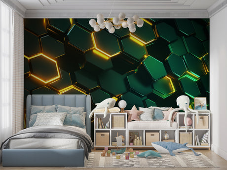 Modern geometric wallpaper with green and gold hexagons in a minimalist living room setting