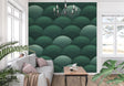 Green geometric scale wallpaper making a stunning statement in a modern living room with natural light