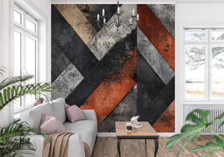 Geometric wallpaper with terracotta and anthracite pattern in modern living room setting