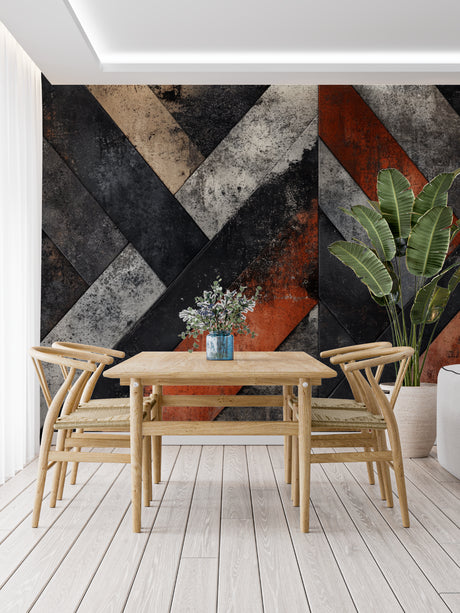 Geometric terracotta wallpaper in modern living room with gray sofa and industrial lighting