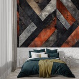Modern geometric wall mural in dining room with pendant lights and wooden table