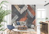 Abstract geometric wallpaper in boutique hotel lobby with modern furniture