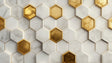 Geometric marble and gold hexagon wallpaper creating a stunning focal point in a modern dining room with pendant lights