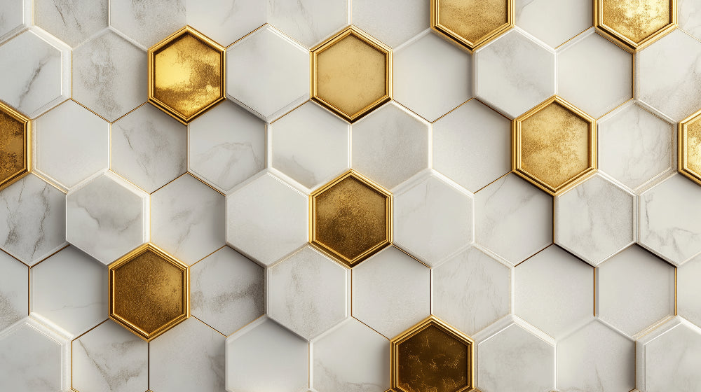Geometric marble and gold hexagon wallpaper creating a stunning focal point in a modern dining room with pendant lights