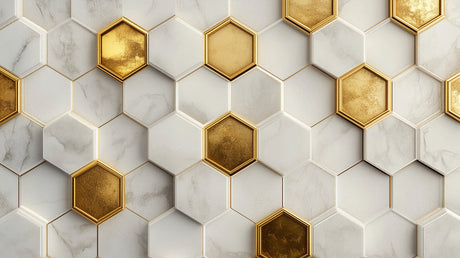 Geometric marble and gold hexagon wallpaper creating a stunning focal point in a modern dining room with pendant lights