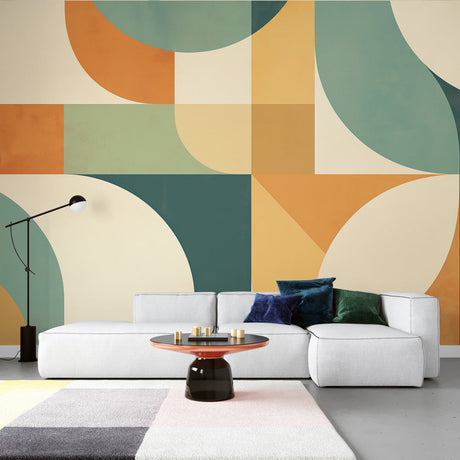 Geometric curve wallpaper in modern living room showing flowing mid-century pattern with terracotta and sage tones