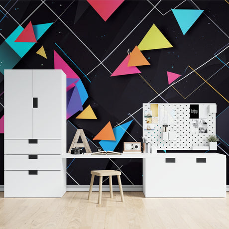 Modern geometric triangle wallpaper in bright living room with grey sofa and plants