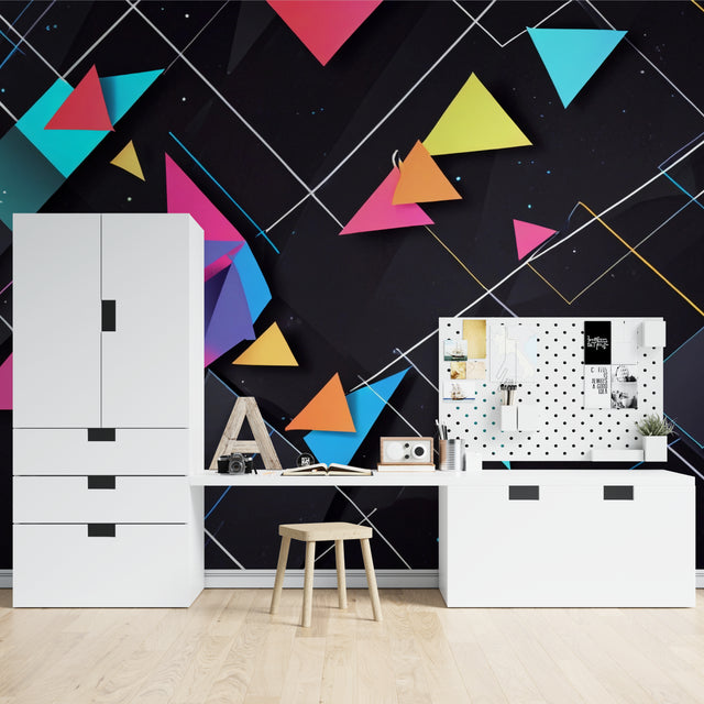 Modern geometric triangle wallpaper in bright living room with grey sofa and plants