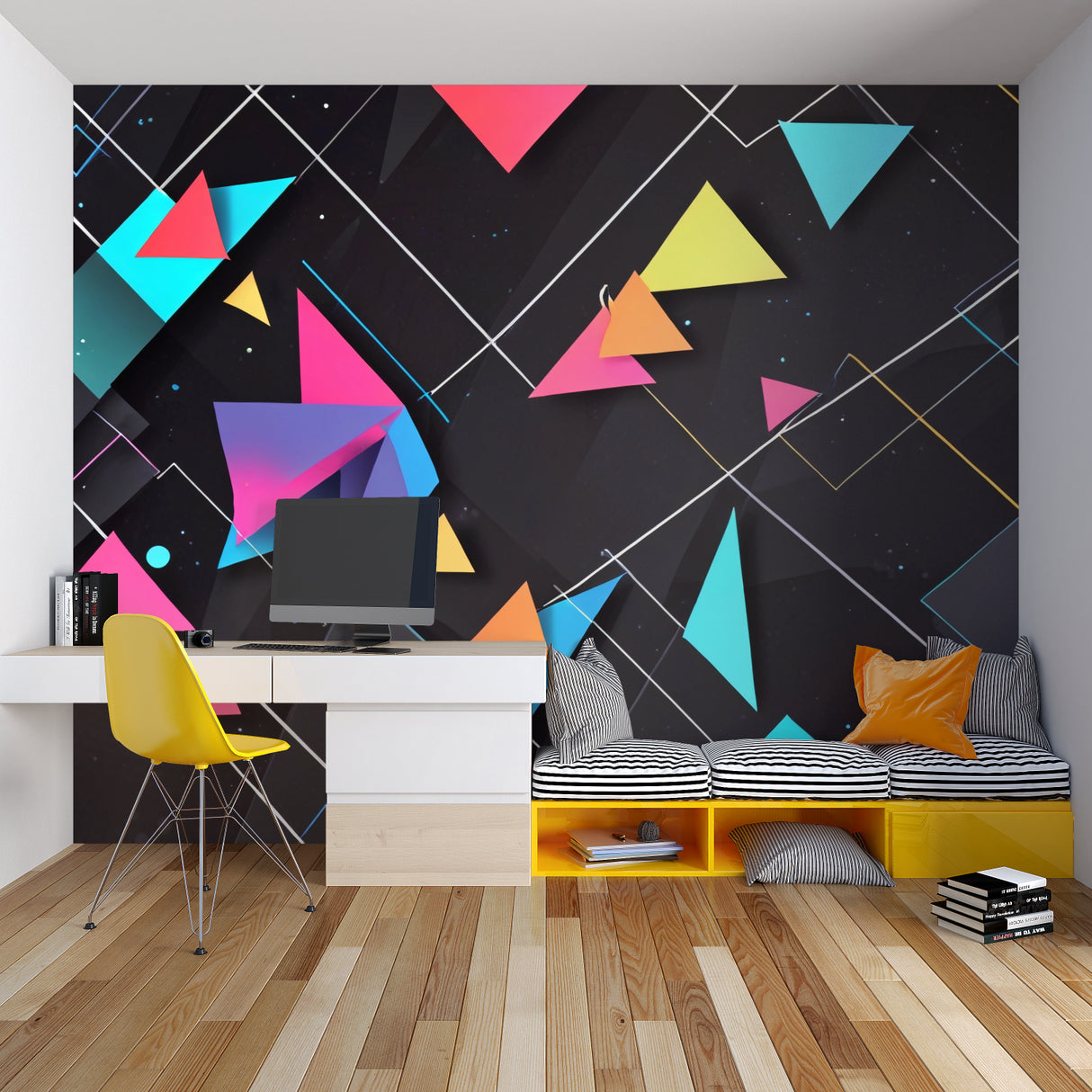 Colorful triangle pattern wallpaper in modern dining room setting