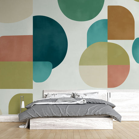 Modern geometric circle wallpaper creating a stylish backdrop in a minimalist living room with natural light