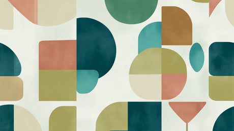 Abstract geometric wallpaper design file with emerald circles and terracotta shapes on white background