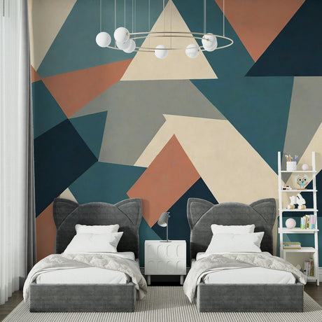 Modern geometric wallpaper creating a bold statement in a minimalist living room with teal and terracotta accents