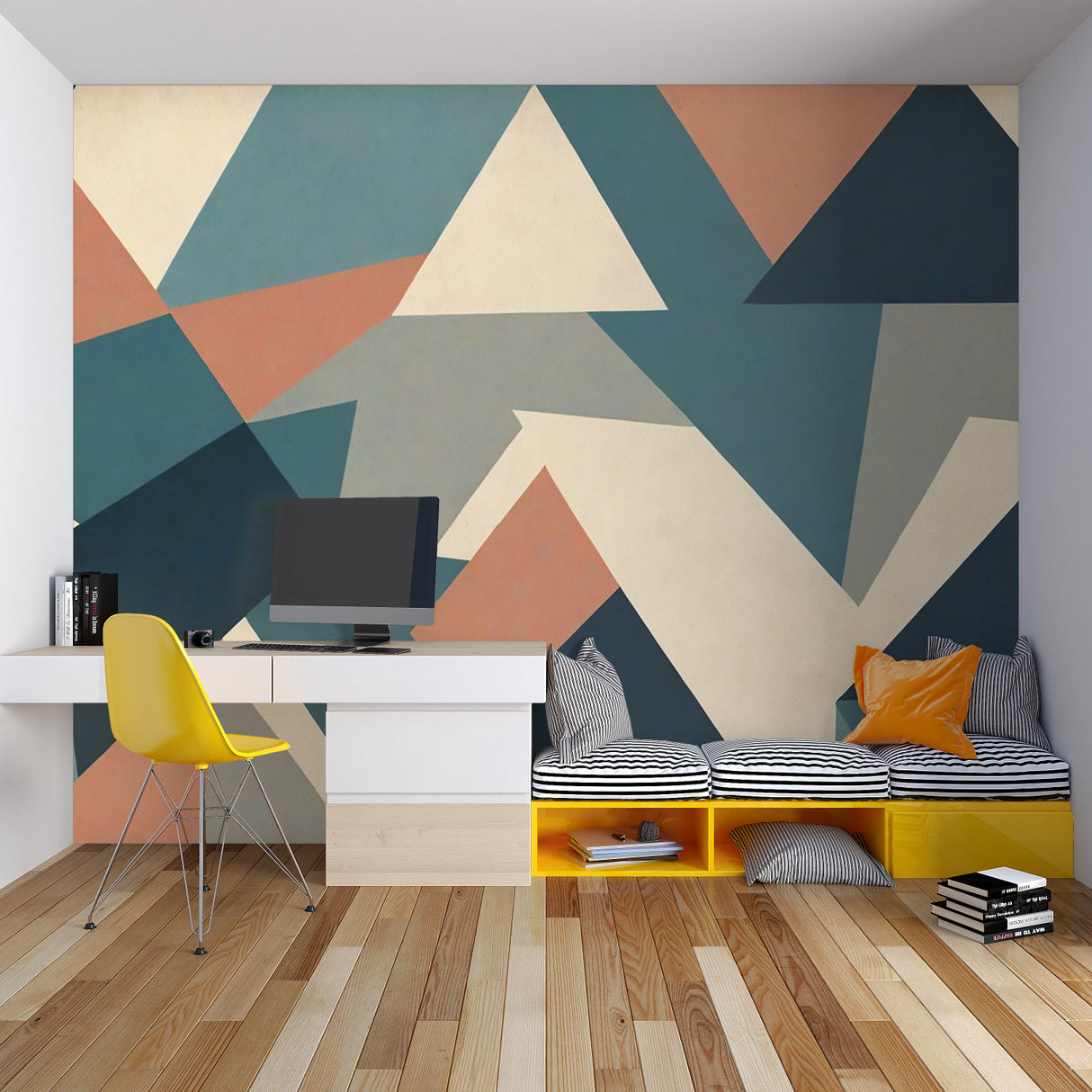 Geometric wall mural bringing dynamic energy to a contemporary home office space