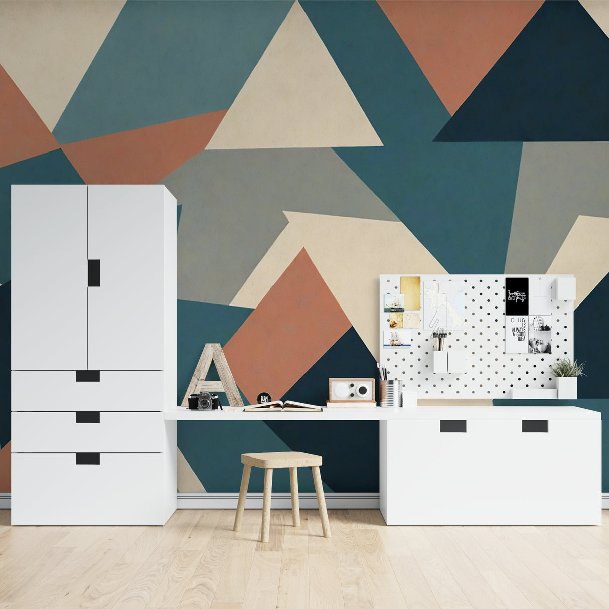 Abstract geometric pattern transforming a modern bedroom with clean lines and bold shapes
