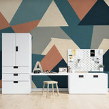 Abstract geometric pattern transforming a modern bedroom with clean lines and bold shapes