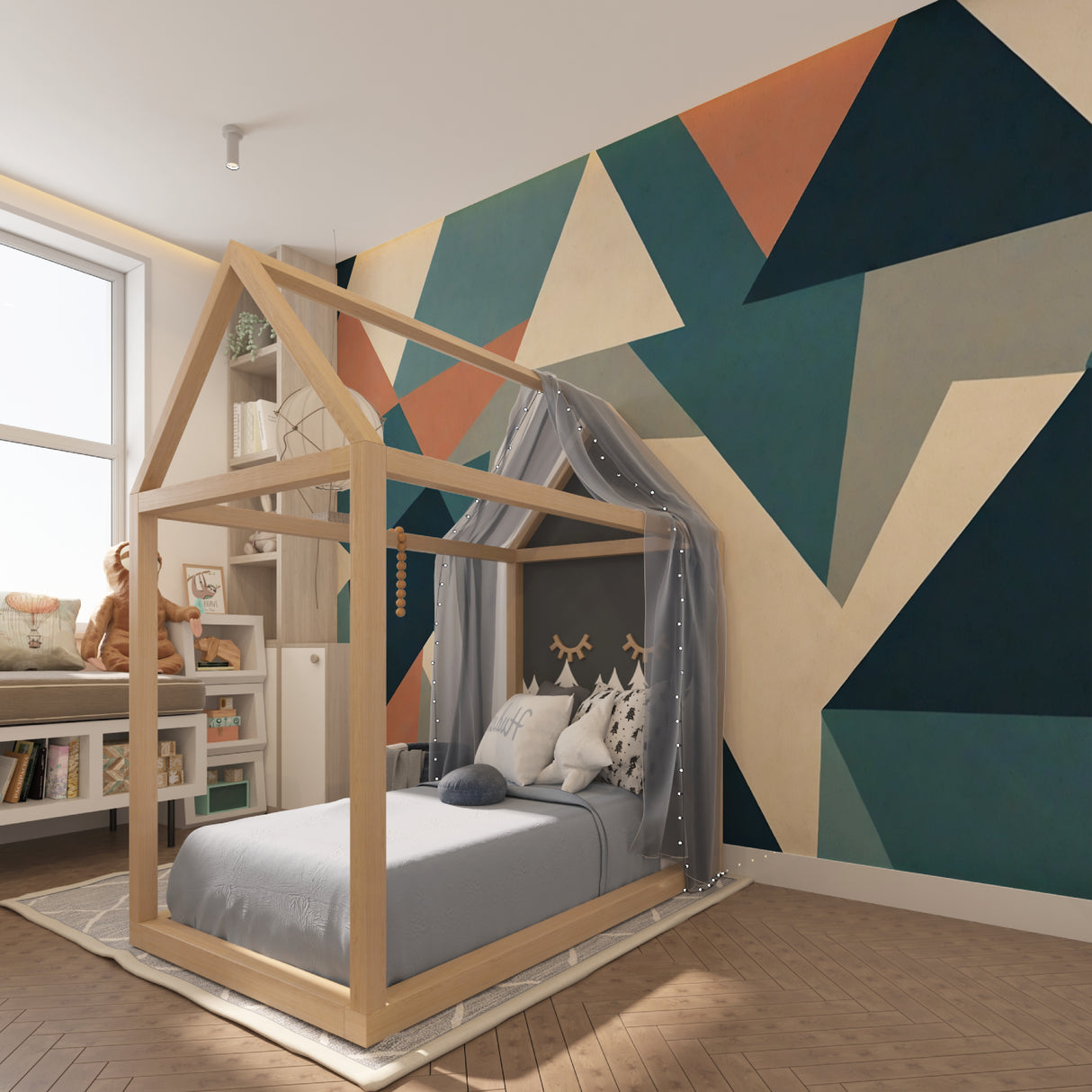 Modern abstract mural enhancing a creative studio space with geometric shapes