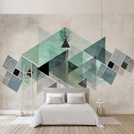 Modern geometric wallpaper in a minimalist living room, mint green and grey triangles creating depth