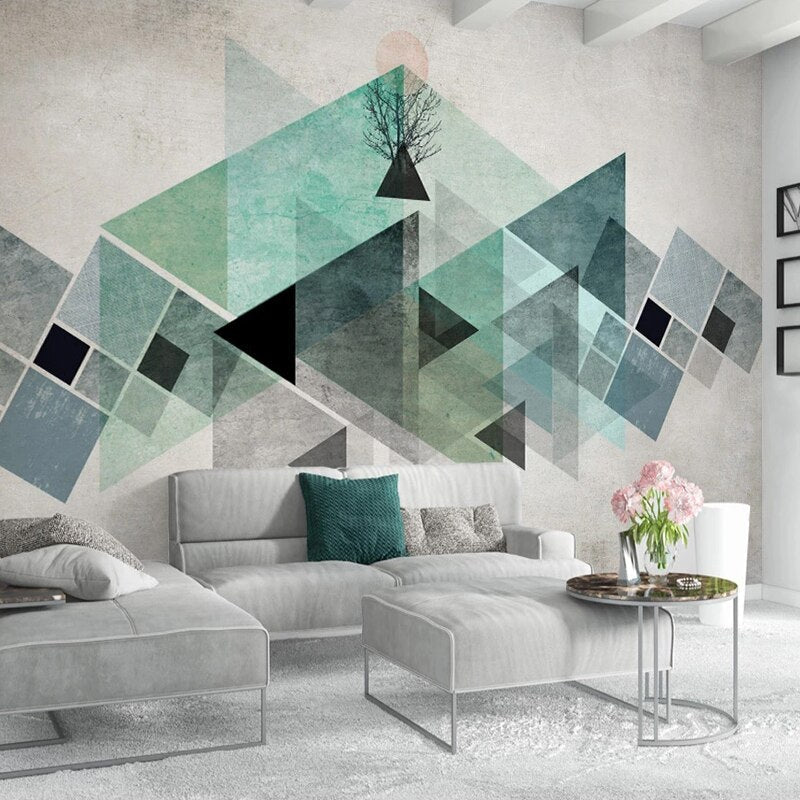 Scandinavian dining room with modern geometric wall mural in green and grey