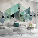 Scandinavian dining room with modern geometric wall mural in green and grey