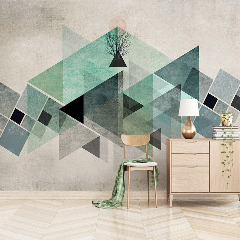Modern bedroom with mint green geometric accent wall
