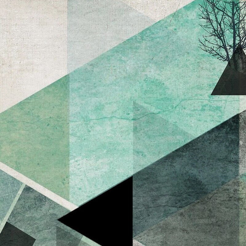 Abstract geometric wallpaper in modern study room featuring mint and grey tones