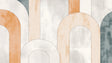 Modern geometric arch wallpaper in soft pastel tones creating depth in a bright living room setting