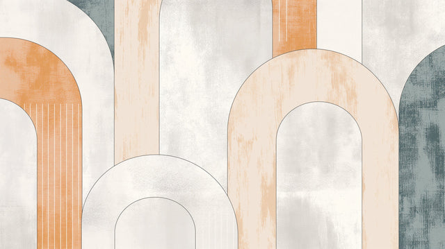 Modern geometric arch wallpaper in soft pastel tones creating depth in a bright living room setting