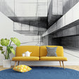 Modern geometric line art wallpaper creating depth in a minimalist living room with clean furniture and natural light
