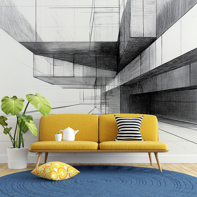 Modern geometric line art wallpaper creating depth in a minimalist living room with clean furniture and natural light