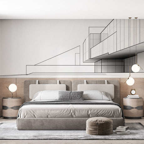 Modern geometric line art wallpaper adding depth to a minimal Scandinavian living room with natural light