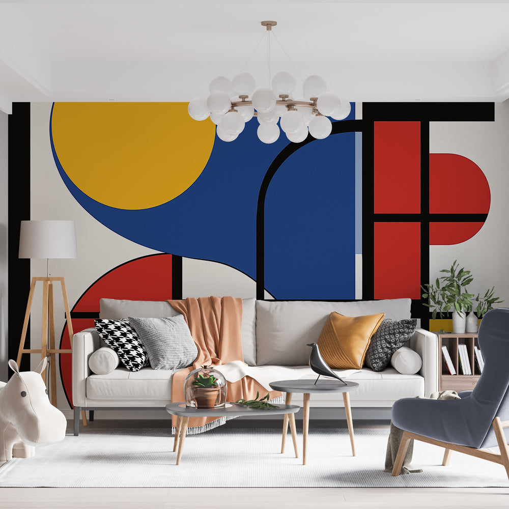 Modern geometric wallpaper creating striking focal point in minimalist living room with natural light