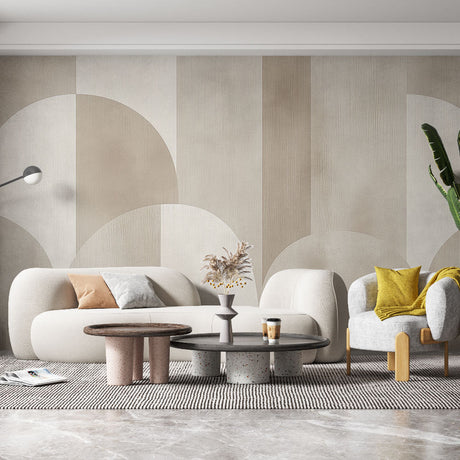 Modern geometric arch wallpaper in beige tones creating an elegant backdrop in a minimalist living room setting