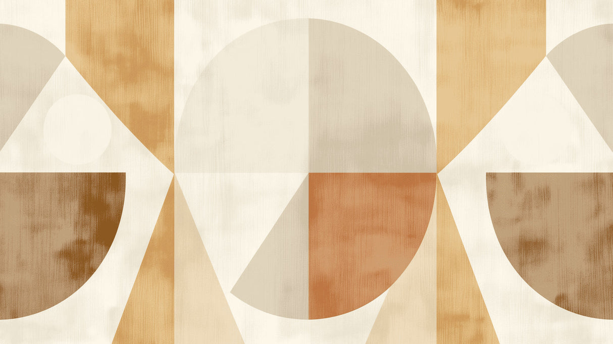 Modern geometric circle wallpaper creating dramatic impact in a minimalist living room with golden hour lighting