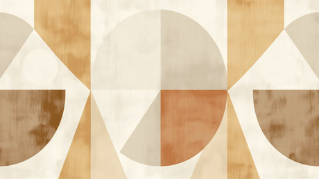 Modern geometric circle wallpaper creating dramatic impact in a minimalist living room with golden hour lighting
