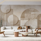 Geometric Art Deco wallpaper with circles and arches creating a modern look in a bright living room