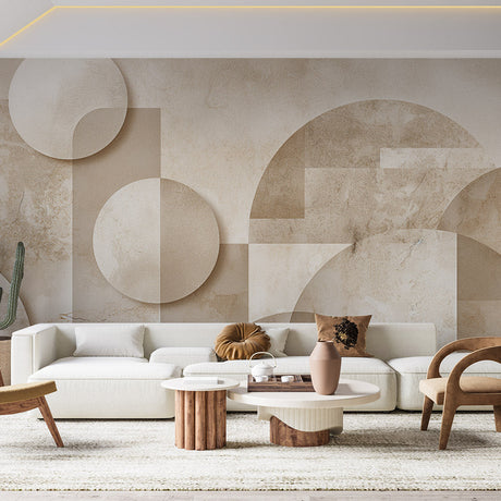 Geometric Art Deco wallpaper with circles and arches creating a modern look in a bright living room