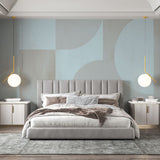 Modern geometric wallpaper with curved patterns creating a calm atmosphere in a minimalist living room