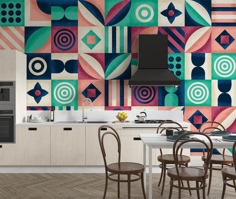 Modern geometric wallpaper with pink and green art deco pattern styled in a bright contemporary living room