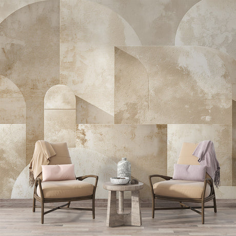 Modern geometric arch wallpaper creating depth in a bright living room with minimal furniture