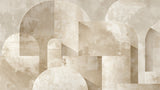 Beige geometric wallpaper with arches making a bedroom feel larger and more open