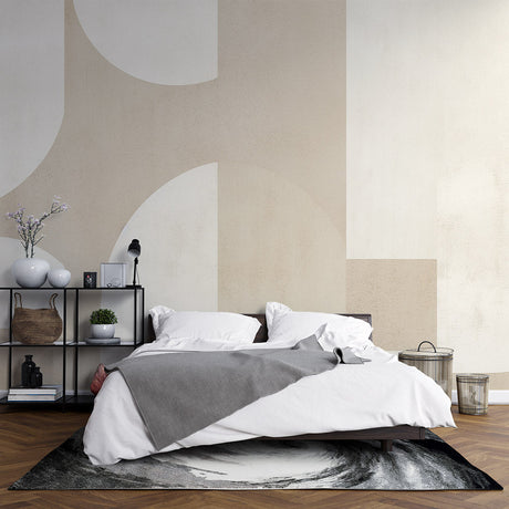 Geometric arch wallpaper in modern living room showing clean lines and beige tones