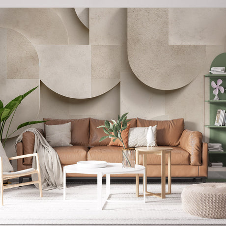 Modern geometric wallpaper with circular pattern in a bright, contemporary living room setting